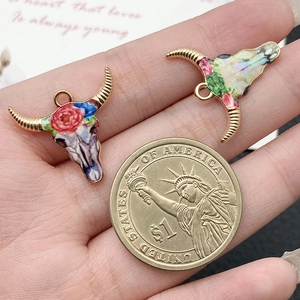 Bohemian floral bull skull charms for DIY jewelry making with coin size reference