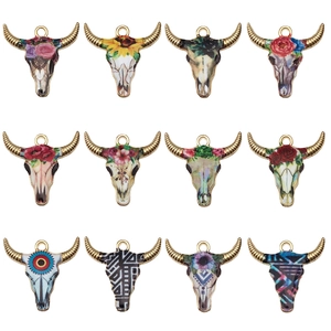 Bohemian Vintage Zinc Alloy Bull Head Pendants Enamel Flower Printed Charms For DIY Earring Necklace Jewelry Making
