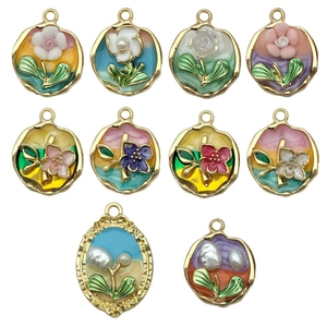 Retro gold alloy floral charms with colorful enamel for DIY necklaces and keychains
