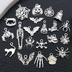 Zilveren Halloween bedeltjes set met pompoen spin en vleermuis voor DIY sieraden maken