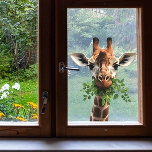Realistic giraffe wall sticker with green leaves for home living room decor