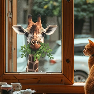 Realistic giraffe window sticker for home decor with a cat peering through glass