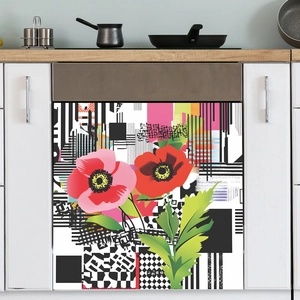 Pink and red poppy floral dishwasher magnet cover with modern geometric art background