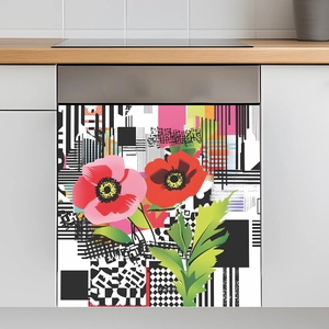 Modern dishwasher magnet featuring pop art poppy flowers and geometric patterns