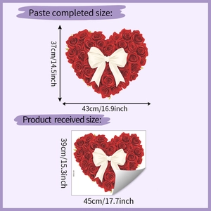 Detail of red rose heart wall sticker showing layout and finished application dimensions