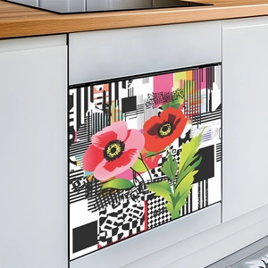 Self-adhesive dishwasher decal with poppy flowers and modern geometric stripe patterns