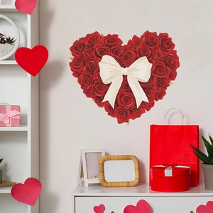 Romantic heart-shaped red rose wall sticker with a white bow for home decor
