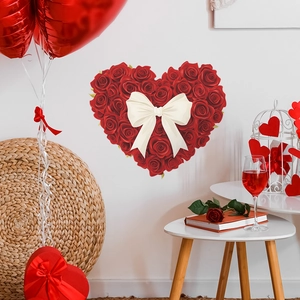 Romantic heart-shaped red rose wall sticker with white bow for bedroom home decoration