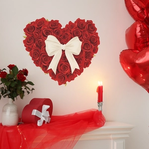 Romantic heart shaped red rose wall sticker with a large white silk ribbon bow