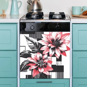 Autocollant floral pour lave-vaisselle avec fleurs rouges et motifs à carreaux noirs