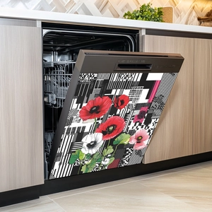 Floral circular poppy dishwasher magnet cover with modern geometric art background decoration