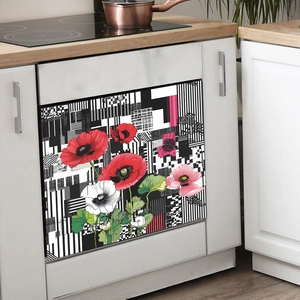 Floral poppy magnetic decal with black and white stripes for dishwasher or oven decor