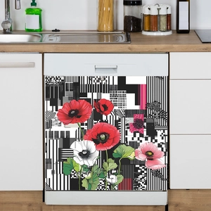 Modern floral dishwasher magnet cover with red poppy design and geometric patterns