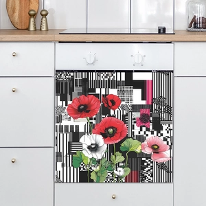 Self-adhesive floral kitchen cabinet decal with red poppies and geometric patterns
