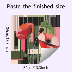 Detail of 34cm square floral wall sticker with poppy design and geometric patterns