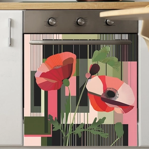 Modern abstract red poppy floral magnetic dishwasher cover sticker for kitchen decor