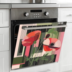 Modern floral dishwasher wall sticker with red and pink poppies on a geometric background