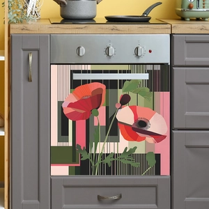 Modern abstract poppy floral magnetic sticker for kitchen dishwasher and oven decor