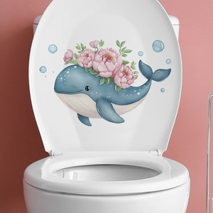 Pink peony cartoon whale wall decal for bathroom decor on white glossy toilet cover
