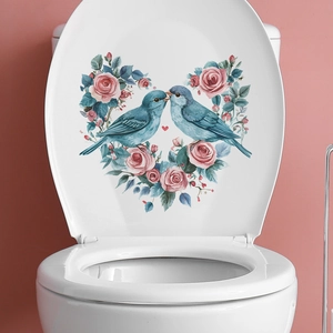 Self-adhesive floral heart sticker with blue birds and pink roses for toilet lid decoration