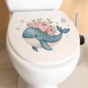 Pink floral cartoon whale wall sticker for bathroom and home decor on toilet lid
