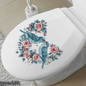 Self-adhesive toilet lid decal featuring blue birds and pink roses in watercolor style