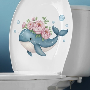 Cartoon blue whale with pink peony flowers wall sticker for home decor bathroom accents