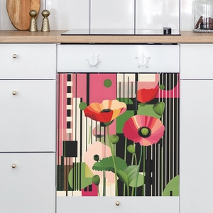 Adesivo magnetico floreale per lavastoviglie con papaveri rossi e motivi geometrici moderni