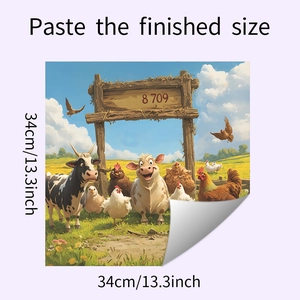 Detail view of cartoon farm wall sticker with cow and chicken motifs, size 34x34cm