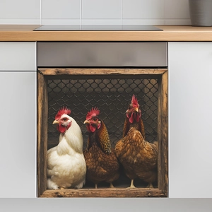 Farmhouse rooster dishwasher cover sticker with 3 realistic chickens and wire mesh frame