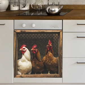 3D farm style kitchen appliance sticker with realistic chickens and wood frame design