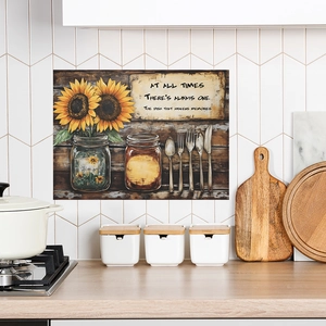 Decorazione rustica per cucina con girasoli e barattoli su fondo in legno scuro