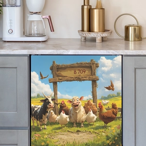 Cartoon farm animal magnetic kitchen dishwasher sticker with cows and chickens