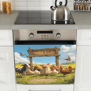 Cartoon farm animal wall sticker featuring cows and chickens for dishwasher decoration
