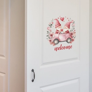 Charming cartoon gnomes with pink car and flowers decorative welcome wall sticker