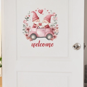 Watercolor gnome couple in pink car with flowers and welcome sign wall sticker decoration
