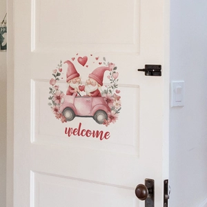 Watercolor gnome couple in pink car welcome wall decal on a white wooden door
