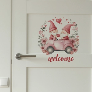 Self-adhesive wall sticker with cartoon gnomes in a pink car and red Welcome text