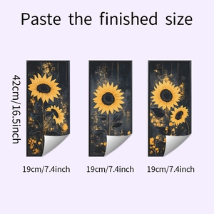 Three-piece sunflower wall sticker set showing 42x19cm dimensions on purple background