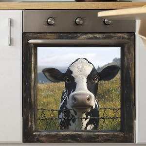 3D realistic cow on grass kitchen dishwasher sticker with rustic wood grain frame