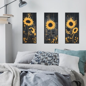 Three-piece modern sunflower wall art set with dark background and gold splash details