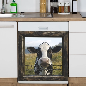 Cow design kitchen dishwasher magnet cover with vintage wooden frame and rural landscape