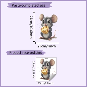 Size chart for cute mouse and cheese wall sticker showing dimensions in cm and inches