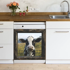 Self-adhesive dishwasher magnet cover with vintage cow and dark wood frame design