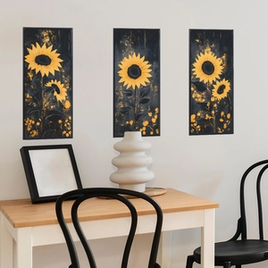 Three-piece sunflower wall art set with golden ink splatters on dark background for decor