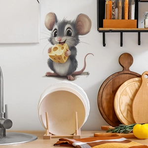 Charming 3D cartoon mouse eating yellow cheese self-adhesive wall sticker for home decor