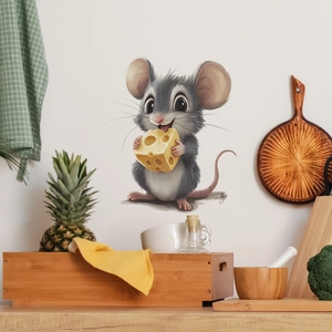 Self-adhesive wall sticker featuring a cute grey cartoon mouse holding cheese on a kitchen wall