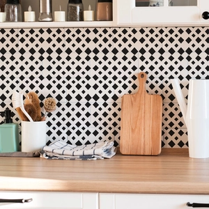 Self-adhesive black and white geometric diamond wall tiles for kitchen backsplash