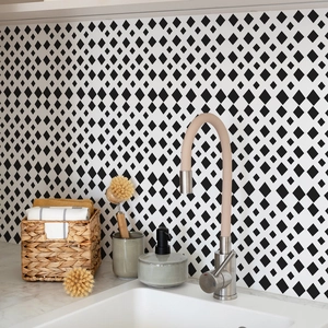 Self-adhesive black diamond geometric tile stickers for kitchen backsplash and bathroom decor