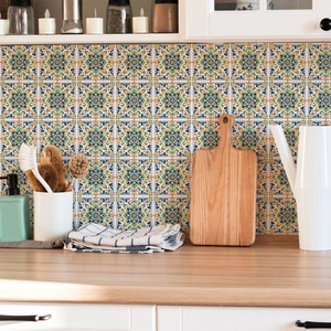Autocollants de carrelage mandala rétro avec motif géométrique bleu et orange pour cuisine
